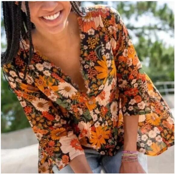 Natural Life Floral Print Cotton 3/4 Sleeve V-Neck Blouse Top Brown Women's L/XL - Picture 1 of 12